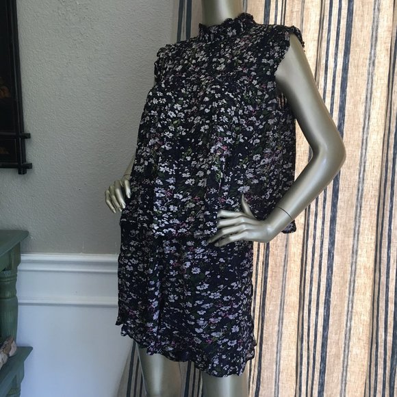 EUC Ganni Black Floral Pleated Ruffle Short Top Set 10 - Picture 5 of 9